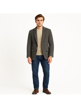 Vintage 1980s Harris Tweed Blazer Charcoal Gray Herringbone Wool Jacket Men 40R